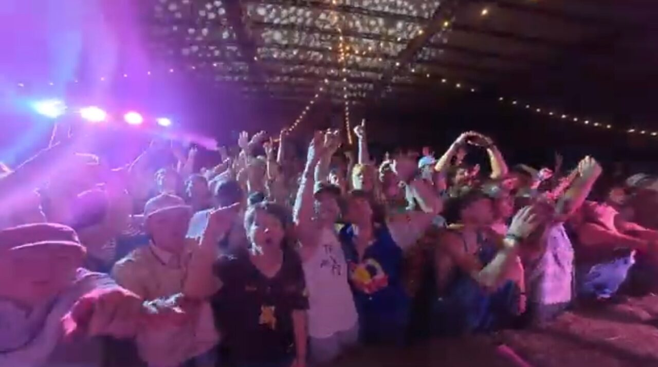 A lively crowd of people at an indoor concert or event, raising their hands and cheering under string lights and a ceiling with a dotted light pattern. Colored stage lights illuminate the scene.